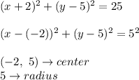 (x+2)^2+(y-5)^2=25\\\\(x-(-2))^2+(y-5)^2=5^2\\\\(-2,\ 5)\to center\\5\to radius