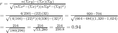 r= \frac{n(\Sigma xy)-(\Sigma x)(\Sigma y)}{ \sqrt{(n\Sigma x^2-(\Sigma x)^2)(n\Sigma y^2-(\Sigma y)^2)} }  \\  \\ = \frac{4(230)-(22)(32)}{ \sqrt{(4(166)-(22)^2)(4(330)-(32)^2)} } = \frac{920-704}{ \sqrt{(664-484)(1,320-1,024)}}  \\  \\ = \frac{216}{ \sqrt{180(296)}} = \frac{216}{ \sqrt{53,280} } = \frac{216}{230.8} =0.94