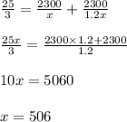 \frac{25}{3} = \frac{2300}{x} + \frac{2300}{1.2x}\\\\\frac{25x}{3} = \frac{2300 \times 1.2 + 2300}{1.2}\\\\10x = 5060\\\\x = 506