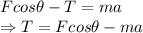 Fcos\theta-T=ma\\\Rightarrow T=Fcos\theta-ma