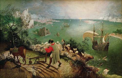 Which statement describes a similarity between pieter brueghel's painting landscape with the fall of