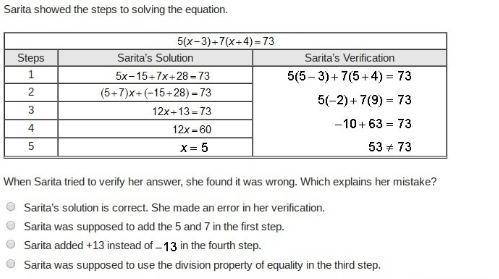 Sarita showed the steps to solving the equation. 5 (x minus 3) + 7 (x + 4) = 73 steps sarita’s solut