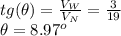 tg(\theta) = \frac{V_W}{V_N} =\frac{3}{19}\\ \theta =8.97^o