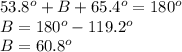 53.8^o+B+65.4^o=180^o\\B=180^o-119.2^o\\B=60.8^o