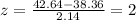 z=\frac{42.64-38.36}{2.14}=2