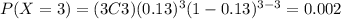 P(X=3)=(3C3)(0.13)^3 (1-0.13)^{3-3}=0.002