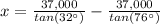 x=\frac{37,000}{tan(32\°)} -\frac{37,000}{tan(76\°)}