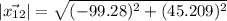 |\vec{x_{12}}|=\sqrt{(-99.28)^2+(45.209)^2}