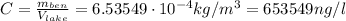 C=\frac{m_{ben}}{V_{lake}}=6.53549\cdot10^{-4}kg/m^3=653549ng/l