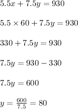 5.5x+7.5y = 930\\\\5.5\times 60+7.5 y =930\\\\330+7.5y=930\\\\7.5y =930-330\\\\7.5y =600\\\\y=\frac{600}{7.5} = 80