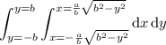 \displaystyle\int_{y=-b}^{y=b}\int_{x=-\frac ab\sqrt{b^2-y^2}}^{x=\frac ab\sqrt{b^2-y^2}}\mathrm dx\,\mathrm dy