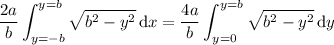 \displaystyle\frac{2a}b\int_{y=-b}^{y=b}\sqrt{b^2-y^2}\,\mathrm dx=\frac{4a}b\int_{y=0}^{y=b}\sqrt{b^2-y^2}\,\mathrm dy