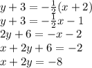 y + 3 = -\frac{1}{2}(x+2)\\y+3 = -\frac{1}{2}x -1\\2y + 6 = -x -2\\x+2y + 6 = -2\\x + 2y = -8