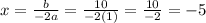 x = \frac{b}{-2a} = \frac{10}{-2(1)} = \frac{10}{-2} = -5