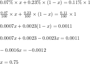 0.07 \% \times x + 0.23 \% \times (1-x) = 0.11 \% \times 1\\\\\frac{0.07}{100} \times x + \frac{0.23}{100} \times (1-x) = \frac{0.11}{100} \times 1\\\\0.0007x + 0.0023(1-x) = 0.0011\\\\0.0007x + 0.0023 - 0.0023x = 0.0011\\\\-0.0016x = -0.0012\\\\x = 0.75