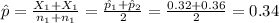 \hat p=\frac{X_{1}+X_{1}}{n_{1}+n_{1}}=\frac{\hat p_1 +\hat p_2}{2}=\frac{0.32+0.36}{2}=0.34