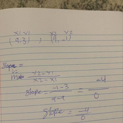 (9,3), (9,-1) find the slope of the line that passes through the points