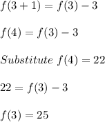 f(3+1) = f(3) - 3\\\\f(4) = f(3) - 3\\\\Substitute\ f(4) = 22\\\\22 = f(3) -3\\\\f(3) = 25