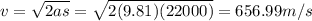 v=\sqrt{2as}= \sqrt{2(9.81)(22000)}  = 656.99 m/s