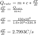Q_{rate} = m*c*\frac{dT}{dt}\\\frac{dT}{dt} =  \frac{Q_{rate}}{m*c} \\\\\frac{dT}{dt} =  \frac{150*10^6}{1.6 * 10^5*334.9} \\\\\frac{dT}{dt} = 2.7993 C/s