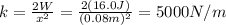 k=\frac{2W}{x^2}=\frac{2(16.0 J)}{(0.08 m)^2}=5000 N/m
