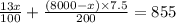 \frac{{13 x}}{{100} }+\frac{(8000-x) \times 7.5}{200}= 855