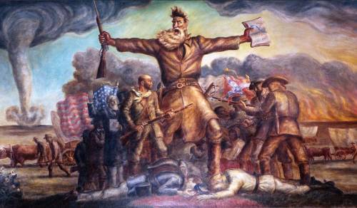 The central figure is john brown. why does the artist depict him as such a large figure, and why is