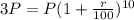 3P = P(1 + \frac{r}{100})^{10}
