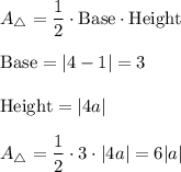 A_{\triangle}=\dfrac{1}{2}\cdot \text{Base}\cdot \text{Height}\\ \\\text{Base}=|4-1|=3\\ \\\text{Height}=|4a|\\ \\A_{\triangle }=\dfrac{1}{2}\cdot 3\cdot |4a|=6|a|