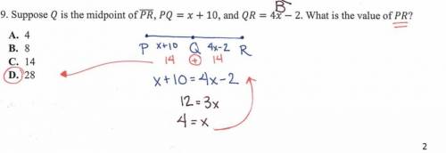 Suppose q is the midpoint of line segment pr, pq = x + 10, and qr = 4x - 2 what is the value of pr?