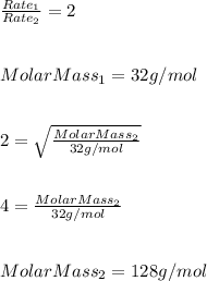 \frac{Rate_1}{Rate_2}=2 \\ \\ \\ MolarMass_1=32g/mol\\\\\\ 2=\sqrt{\frac{MolarMass_2}{32g/mol} } \\ \\ \\ 4=\frac{MolarMass_2}{32g/mol}\\ \\ \\ MolarMass_2=128g/mol