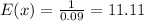 E(x)=\frac{1}{0.09} =11.11