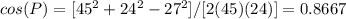 cos(P)=[45^{2}+24^{2}-27^{2}]/[2(45)(24)]=0.8667