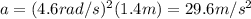 a=(4.6 rad/s)^2(1.4 m)=29.6 m/s^2