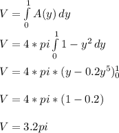 V = \int\limits^1_0 {A (y)} \, dy \\V = 4*pi\int\limits^1_0 {1 - y^2} \, dy\\\\V = 4 * pi* (y - 0.2 y^5) \limits^1_0\\\\V = 4*pi*(1 - 0.2)\\\\V = 3.2 pi