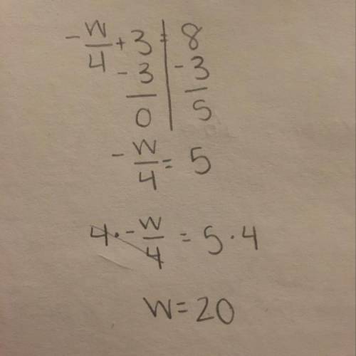 Need asap will mark brainliest  what is -w/4+3=8 explain and show work