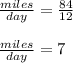 \frac{miles}{day} = \frac{84}{12}\\\\\frac{miles}{day} =7