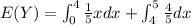 E(Y) = \int_{0}^4 \frac{1}{5} x dx +\int_{4}^5 \frac{4}{5}dx