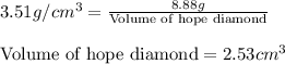 3.51g/cm^3=\frac{8.88g}{\text{Volume of hope diamond}}\\\\\text{Volume of hope diamond}=2.53cm^3
