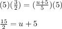 (5)(\frac{3}{2})=(\frac{u+5}{5})(5)\\\\\frac{15}{2}=u+5