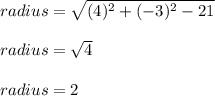radius=\sqrt{(4)^{2}+(-3)^{2}-21}\\\\radius=\sqrt{4}\\\\radius=2