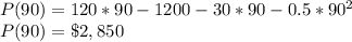 P(90)=120*90 -1200-30*90-0.5*90^2\\P(90) = \$2,850
