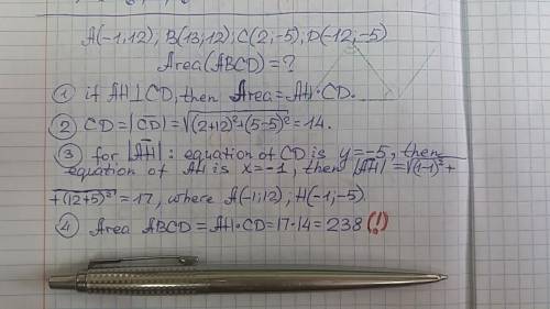 What is the area of a parallelogram whose vertices are a(−1, 12) , b(13, 12) , c(2, −5) , and d(−12,