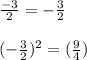 \frac{-3}{2} = -\frac{3}{2}\\\\(-\frac{3}{2}) ^ 2 = (\frac{9}{4})