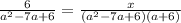 \frac{6}{ a^{2} - 7a+6 } = \frac{x}{ (a^{2} - 7a+6) (a+6) } &#10;&#10;