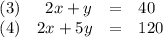 \begin{array}{lrcll}(3) & 2x + y & = & 40 &\ \\(4) & 2x + 5y & = & 120 & }\\\end{array}