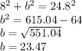 8^{2} + b^{2} = 24.8^{2}\\b^{2} =615.04-64\\b=\sqrt{551.04} \\b=23.47