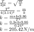 \frac{T}{2pi} = \sqrt{\frac{m}{k} }\\ \frac{T^{2} }{4(3.14)^{2} } = \frac{m}{k}\\ k = \frac{m*4*9.86}{T^{2} } \\k = \frac{0.3*4*9.86}{0.24^{2}}\\k = 205.42 N/m}