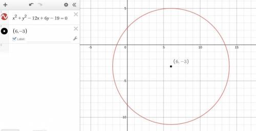 The equation for the circle is:  x^2 + y^2 - 12x + 6y - 19 = 0 what is the center of the circle?  a.