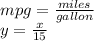 mpg= \frac{miles}{gallon}\\&#10;y=\frac{x}{15}